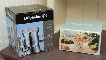 Calphalon Ice Bucket Set And Providence 9' Footed Lead Free Glass Platter Both New In Box