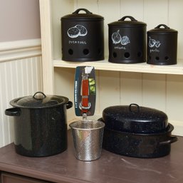 Enamel Black Speckled Oval Roasting Pan And Matching Pasta Pot, Strainer, 3 Piece Ceramic Food Storage