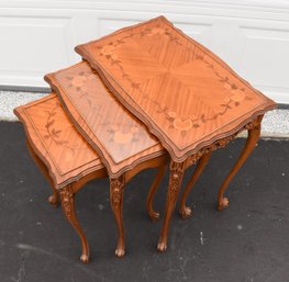 Set Of (3) French Provincial Style Carved Marquetry Nesting Tables