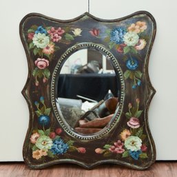 Wooden Beveled Wall Mirror With Hand-Painted Flowers In Victorian Style