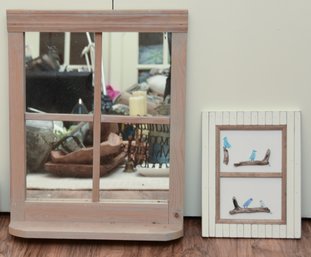 Window Pane Wood Mirror With Blue Birds Of Happiness Handmade Framed Artwork