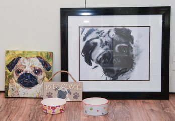 2 Pug Themed Artworks With Pug Welcome Sign And 2 Decorative Colorful Dog Bowls