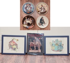 4 Collectible Norman Rockwell Plates, 2 Framed Norman Rockwell Prints With Saturday Evening Post Book