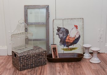 Collection Of Farm Decor, 2 Porcelain Candleholders, Chicken Art, Wood Bowl, Country Bottle Opener Etc.