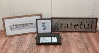 Grateful Metal Sign With Mirror Tray, 'Live, Laugh, Love' Framed Stones And Framed Sepia Tone Print Of Dock