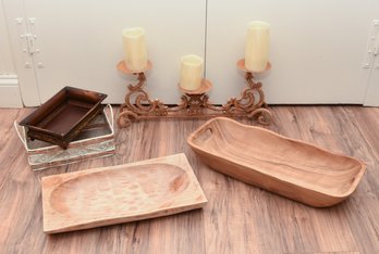 3 Prong Rustic Candle Holder With 2 Amorphous Handmade Wood Trays And 2 Vintage Style Baskets
