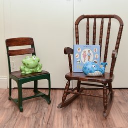 2 Vintage Childrens Chairs: 1 Wood Rocker, 1 School Chair With Whale And  Frog Piggy Banks, Dick And Jane Book