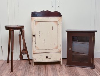 Rustic Farmhouse Distress Painted Cupboard , Glass Door Cabinet And Stool With Tool Holders