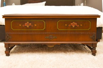 Vintage Tudor Design Cedar Lined Blanket Chest Trunk With Hand-painted Roses