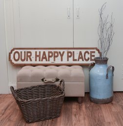 Storage Bench, Vintage Milk Tin, Our Happy Place Sign And Handmade Basket