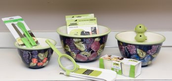 3 Matching Floral Serving Bowls With Assortment Of Matching Green Colored Cooking Tools