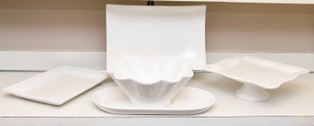 Ceriart 5 Piece White Porcelain Serving Ware From Portugal: 4 Platters, 1 Bowl, 1 Cake Stand