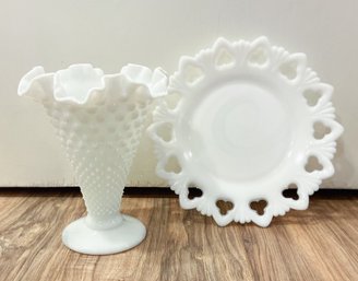 Fenton White Milk Glass Hobnail Trumpet Footed Doubled Crimped Vase And Kemple Milk Glass Plate-
