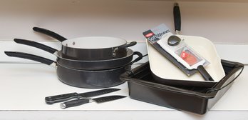 4 Tramontina Cook Pans, 1 Roaster Pan, 1 Emeril 7' Santoku Knife, 1 Calphalon Santoku 6' Knife, 1 OXO Mandolin