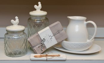 Porcelain Chicken Lid Glass Jars, White Ceramic Pitcher, Bowl, Platter, 12 Bon Apetit Cloth Napkins