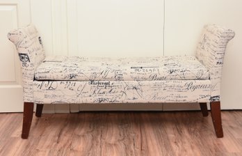 French Script Patterned Fabric Storage Ottoman Bench