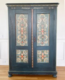 German Tole Painted Vintage Armoire With Urn, Floral And Scroll Motif