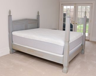 4 Poster Queen Size Wood Framed Bed In Distressed Grey With Memory Foam Top Mattress And Boxspring