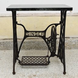 Vintage Singer Sewing Machine Base Side Table With Marble Top