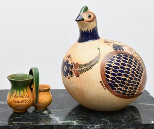 Pair Of Mexican Handmade Ceramics Including A Large Peacock And Utensil Holder With Handle