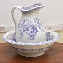 Blue And White Porcelain Pitcher And Bowl