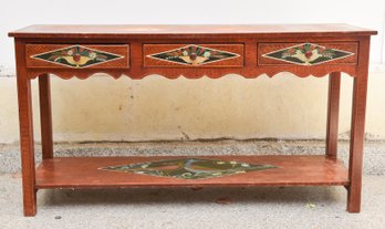 Handpainted  3 Drawer Console Table With Peacock Motif