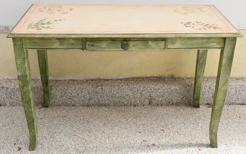 Handpainted Farmhouse Style Sofa Table In Distressed Green With Floral Motif