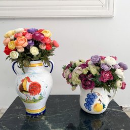 Casafina Italian Ceramic Vase With Chicken And Stangl Ceramic Pitcher Vase With Fruit And Faux Flowers