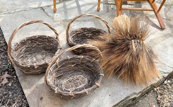 3 Handwoven Baskets With Decorative Dried Grasses