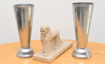 Sculpture Of Sphinx At Cleopatra's Needle And 2 Modern Silver Metal Vases