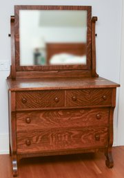 Vintage 1800's Style Curly Cherry 4 Drawer Dresser With Adjustable Mirror
