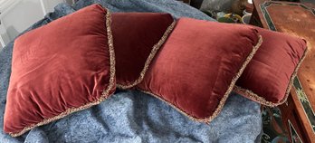 4 Burgundy Throw Pillows With Brocade Trim