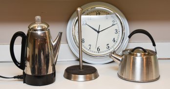 Coffee Pot, Tea Pot, Paper Towel Holder And Kitchen Clock