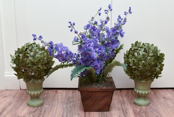 3 Faux Plants: 2 Matching Shrubs And 1 Large Lavendar