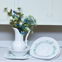 6 Blue Floral Placemats With White Porcelain Pitcher And Blowl