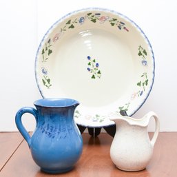 Handpainted Ceramic Floral Italian Bowl With Italian Ceramic Blue Pitcher And White Pitcher