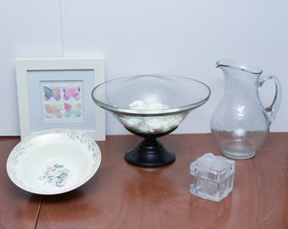 23 Kt Royal Rose Ceramic Bowl, Glass Bowl With Stand & Faux White Flowers, Lidded Box With Floral Motif