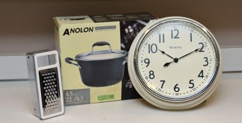 Anolon 4.5 Quart Covered Tapered Sauce Pot With Kitchen Clock And Grater With Container