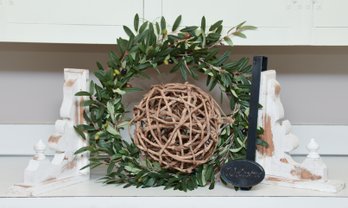 Decorative Twine Hanging Balls With White Distressed Wood Book Ends, Faux Wreath And Welcome Hanging Door Sign