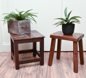 2 Wood Stools With 2 Faux Plants