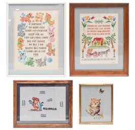 4 Needlepoint Artworks Framed Under Glass