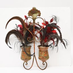 Collection Of Antique And Vintage Hat Feathers In Decorative Metal Holder