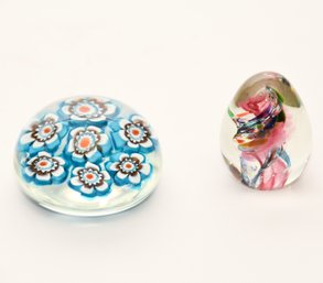 (2) Vintage Handblown Glass Art Paperweights, One  In The Style Of Millefiori