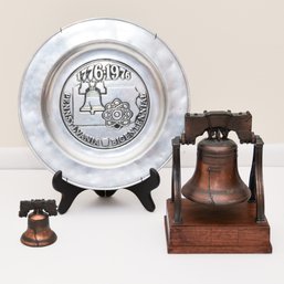 Collection Of Bicentennial Memorabilia: 1976 Bicentennial Plate And (2) Liberty Bells