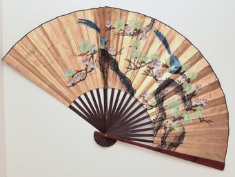 Vintage Large Handpainted Chinese Fan Depicting Birds And Flowers