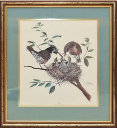 Robins Feeding Young, Signed Original Lithograph Signed By The Artist Ray Harm