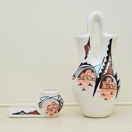 Hopi Ceramic Wedding Vase With Pueblo Inspired Ceramic Desk Accessory Signed By Artist L. Toya