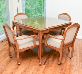 Parquet And Oak Wood Expandable Card Table With Glass Top And 4 Chairs With Caster Wheels And 1 Leaf