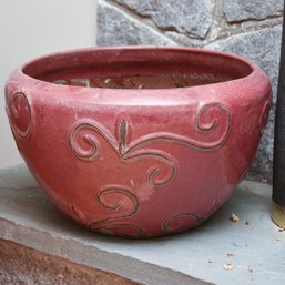 Large Red Ceramic Pot With Gold Painted Scroll Motif