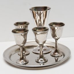 6 Piece Set Silver Plated Servingware: 1 Alara Sevilla Goblet, 4 F.B. Rogers Italy Goblets And 1 Tray Unmarked